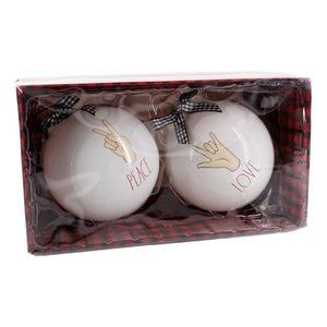 Rae Dunn Christmas Glass Ball Ornament Set White Peace Love Sign Language New